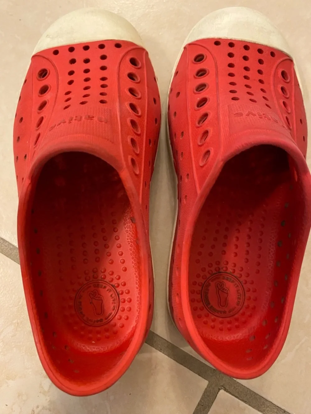 Native Slip-On Kids Water Shoes in Red with White Toe